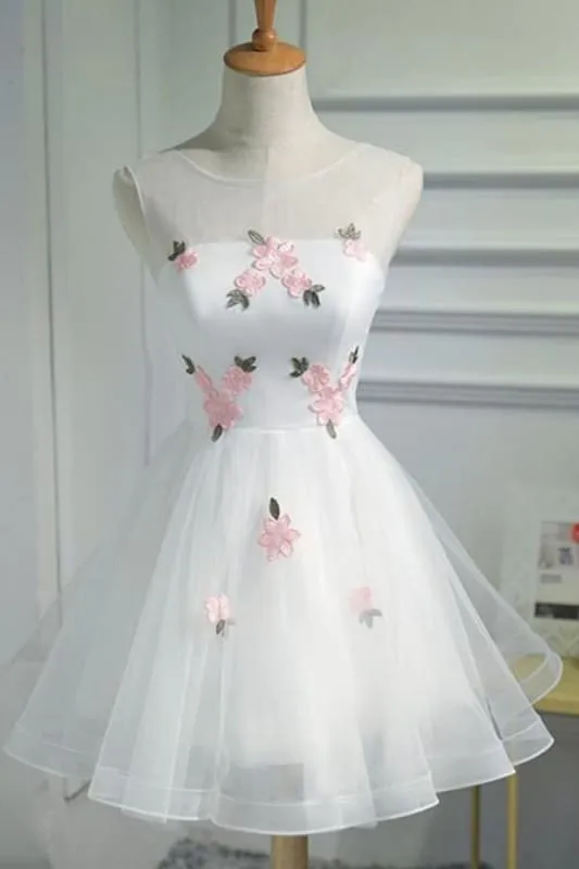 A Line Cheap Tulle Graduation with Pink Appliques Short Sleeveless Prom Dress