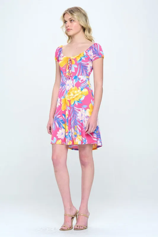 A Line dress with puff sleeve scoop neck tropical