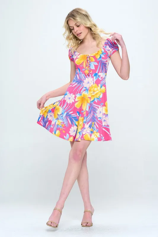 A Line dress with puff sleeve scoop neck tropical