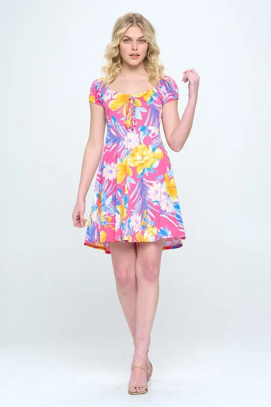 A Line dress with puff sleeve scoop neck tropical