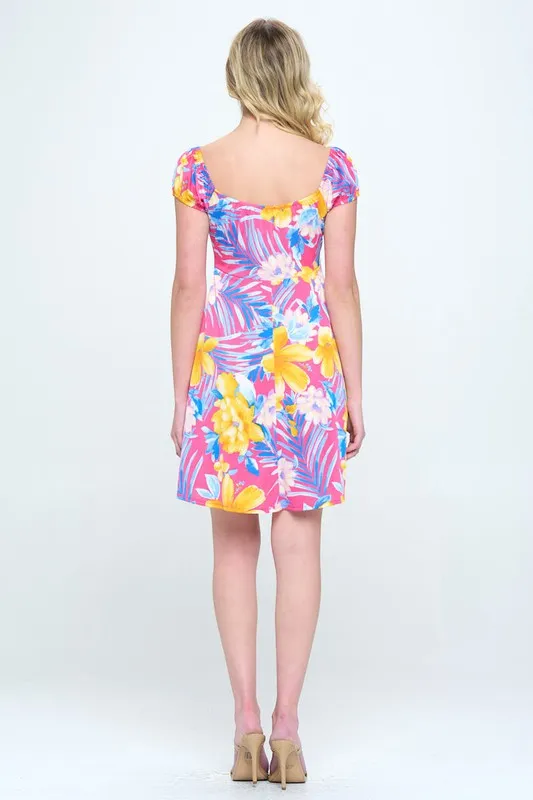 A Line dress with puff sleeve scoop neck tropical