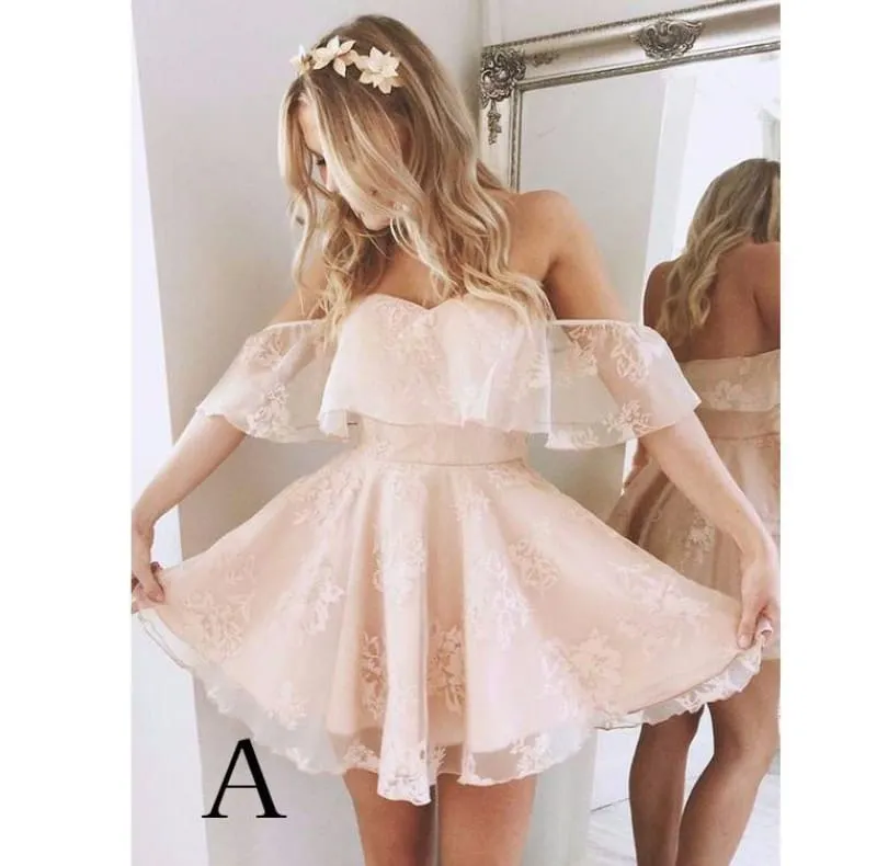 A-Line Lace Off-Shoulder Short Pearl Pink Homecoming Dress