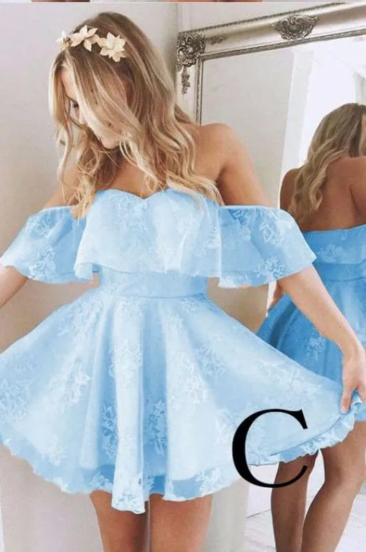 A-Line Lace Off-Shoulder Short Pearl Pink Homecoming Dress