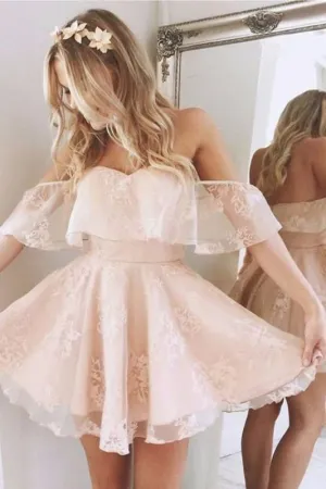 A-Line Lace Off-Shoulder Short Pearl Pink Homecoming Dress