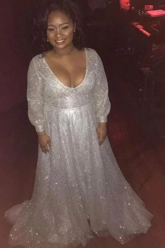 A Line V Neck Sleeves Sequins Plus Size Prom Dress