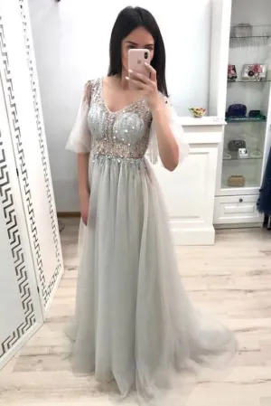 A Line V Neck Tulle Prom Gown Half Sleeves Long Party Dress with Beading