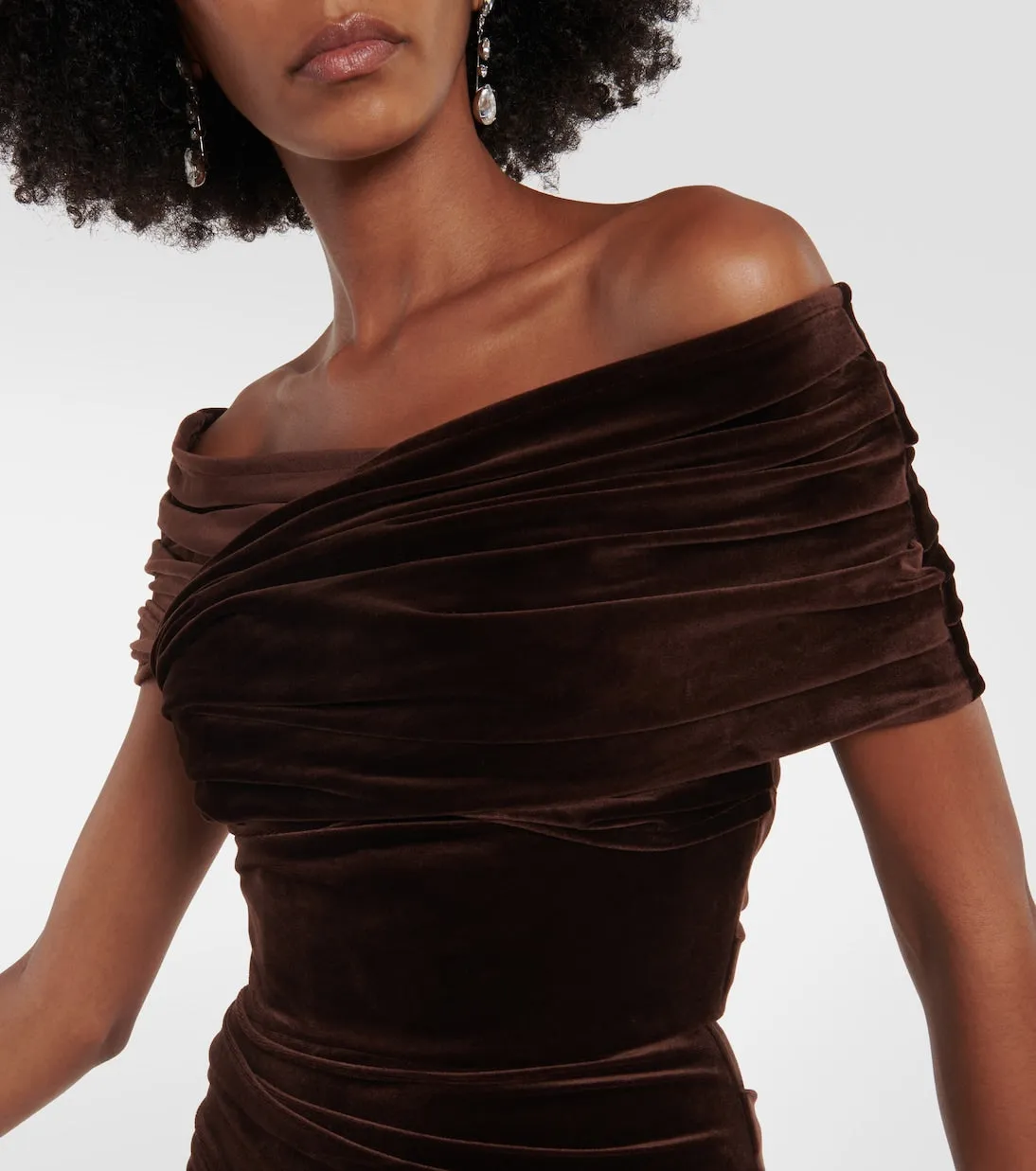 Alex Perry Off Shoulder Velvet Midi Dress, Brown