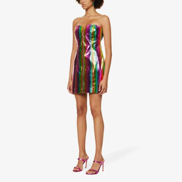 Amy Lynn Rainbow Striped Faux Leather Sweetheart Mini Dress multicolor