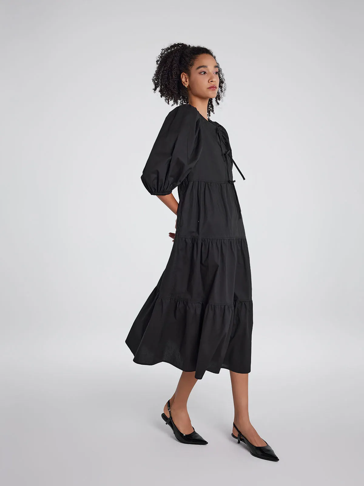 ASOBIO Bow Tie Front Tiered Midi Dress