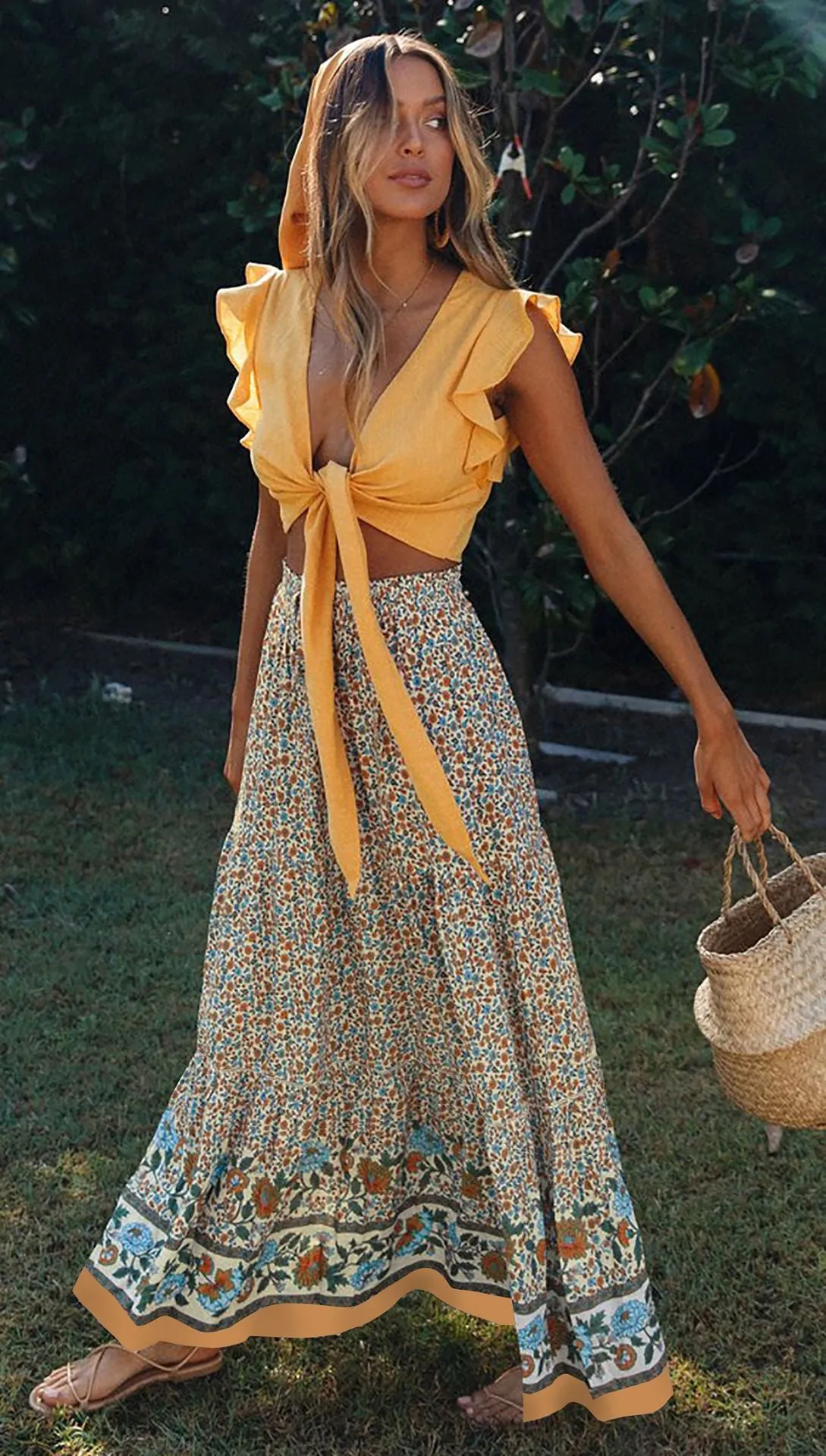 Floral Boho Casual Maxi Skirt