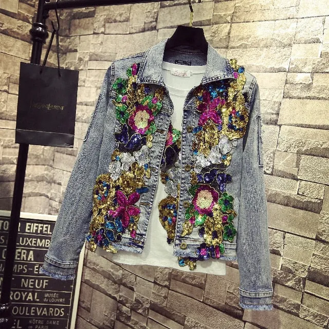 Floral Spring Jacket Spring  Denim Embroidery Rose Floral Beading