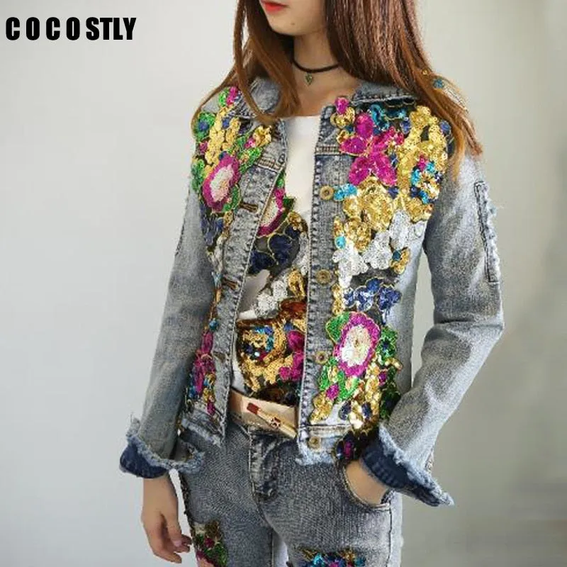 Floral Spring Jacket Spring  Denim Embroidery Rose Floral Beading