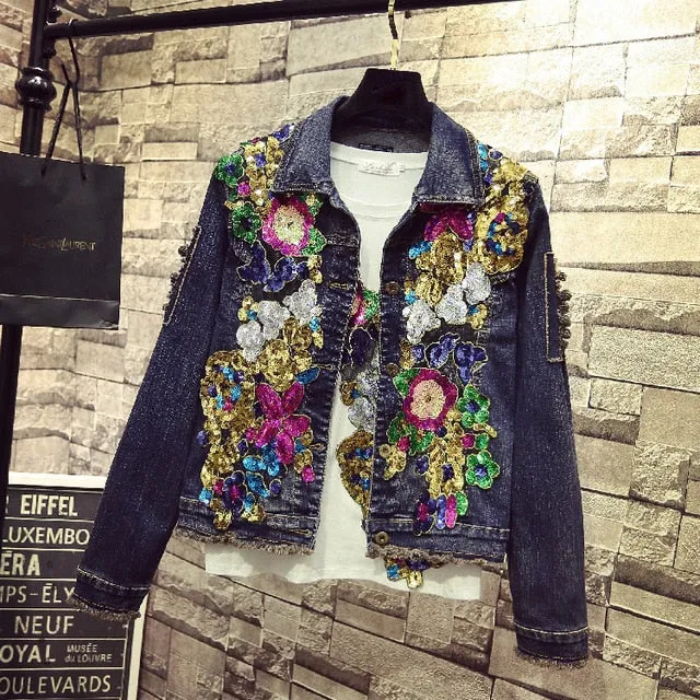 Floral Spring Jacket Spring  Denim Embroidery Rose Floral Beading