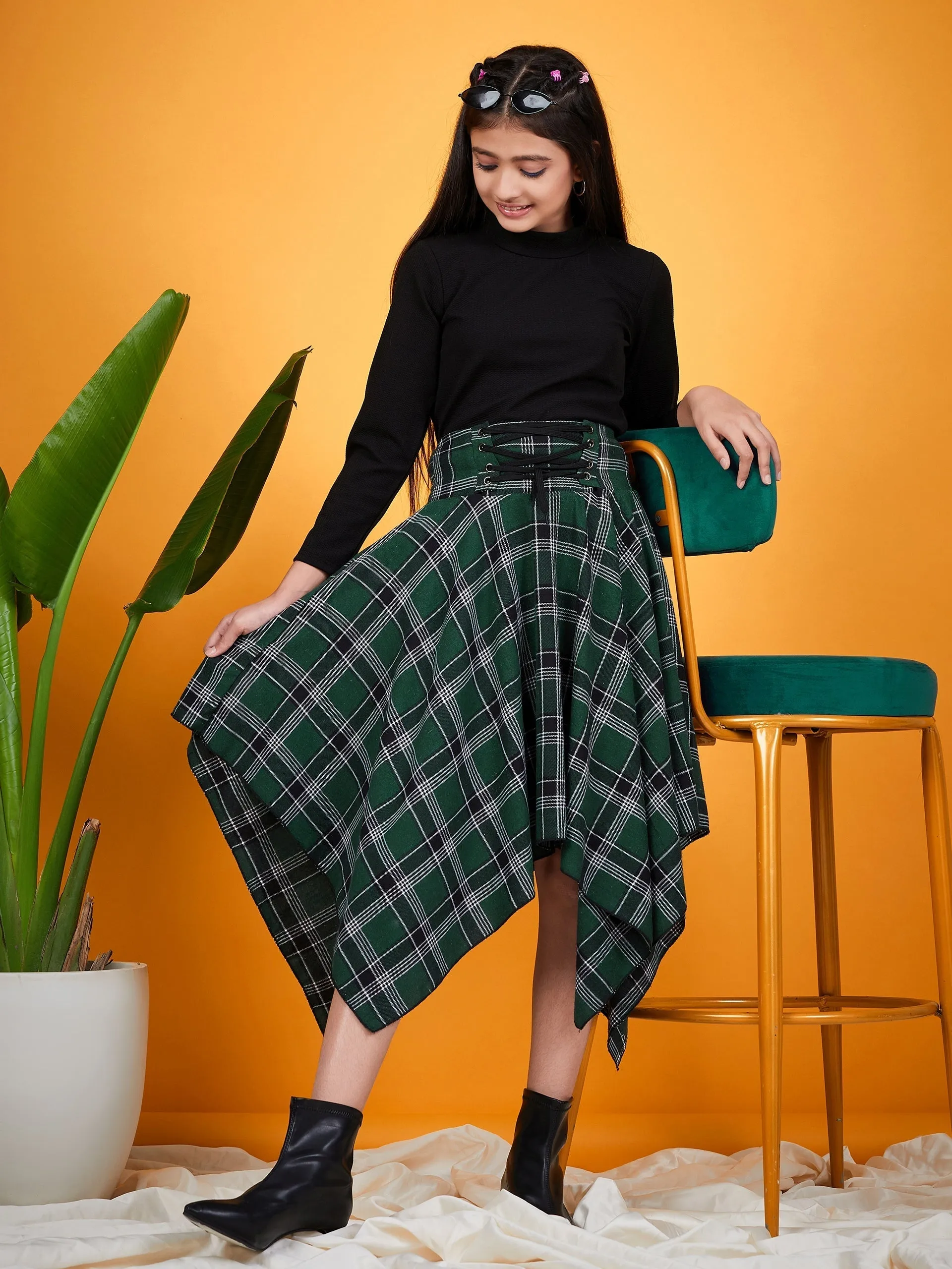 Girls Top With Checked Asymmetric Skirt - Ps Peaches