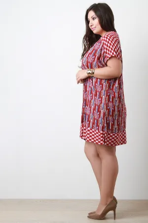 Mixed Pattern Tassel Drawstring Shift Dress