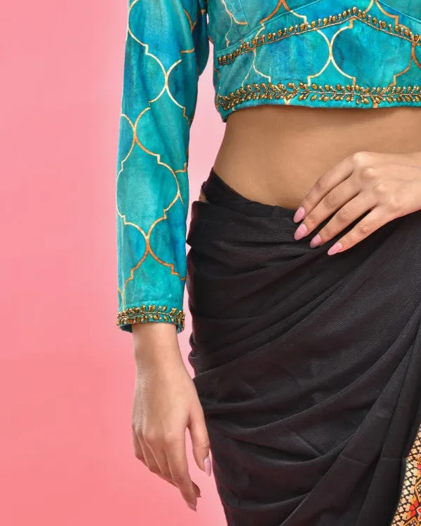 Sea Blue Hand Embroidered Velvet Blouse