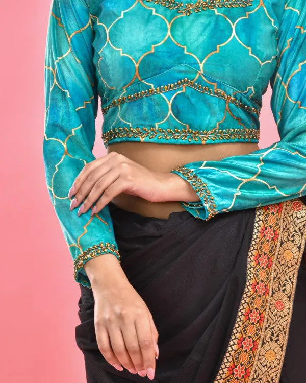 Sea Blue Hand Embroidered Velvet Blouse