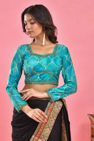 Sea Blue Hand Embroidered Velvet Blouse