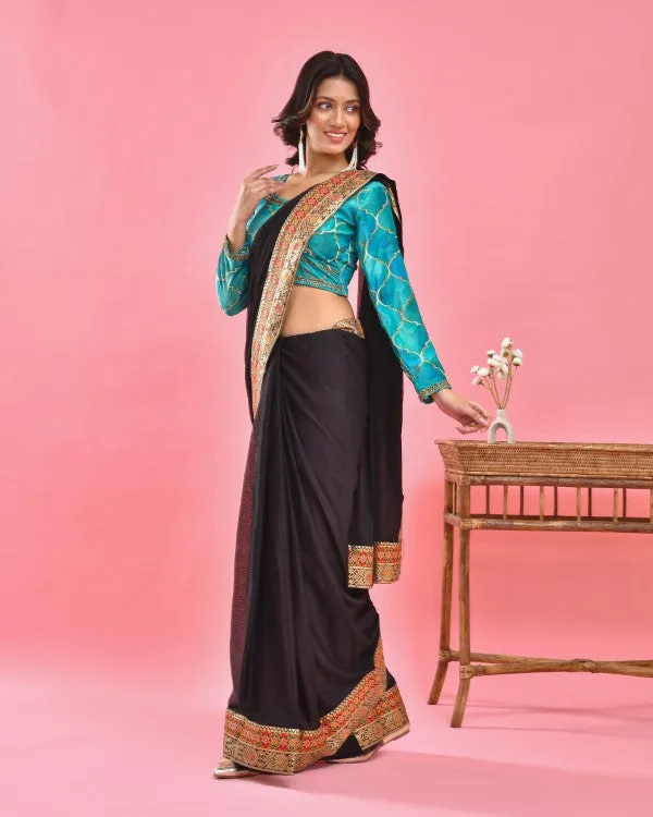 Sea Blue Hand Embroidered Velvet Blouse