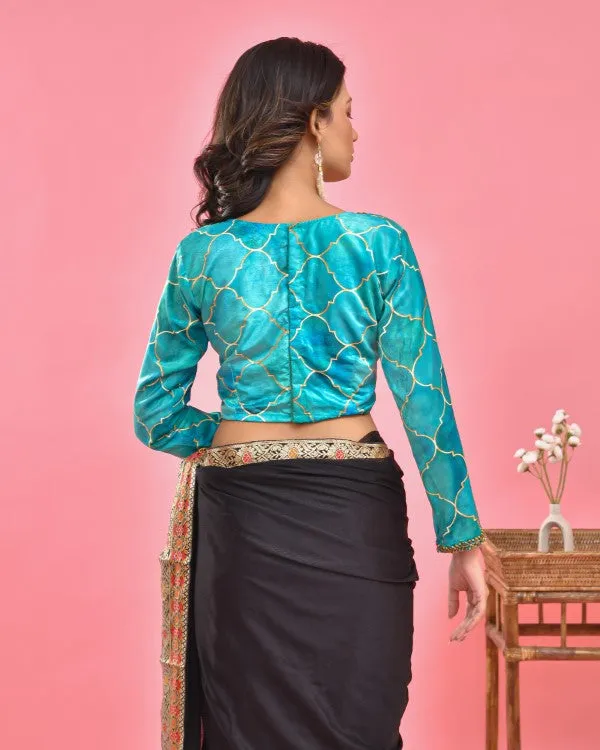 Sea Blue Hand Embroidered Velvet Blouse