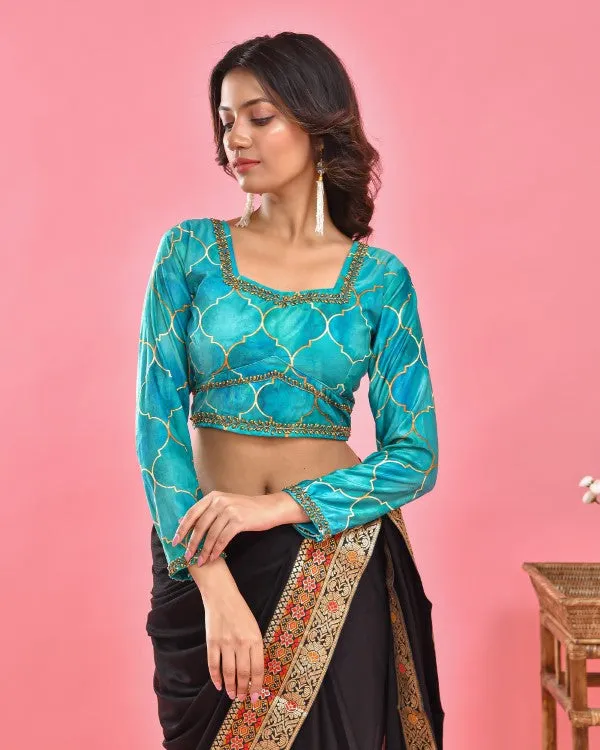 Sea Blue Hand Embroidered Velvet Blouse