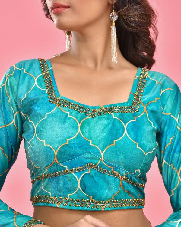 Sea Blue Hand Embroidered Velvet Blouse