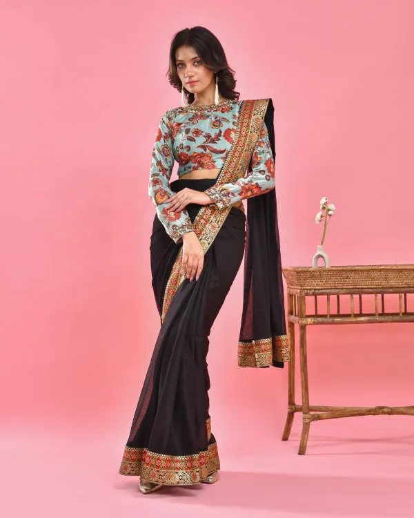 Sea Green Hand Embroidered Velvet Blouse