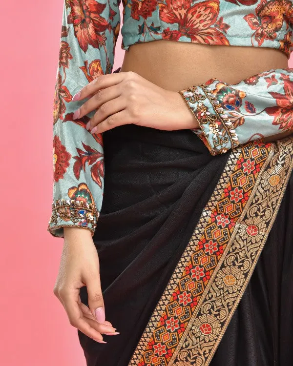 Sea Green Hand Embroidered Velvet Blouse