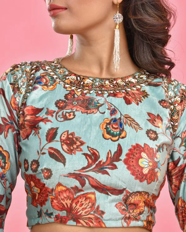 Sea Green Hand Embroidered Velvet Blouse