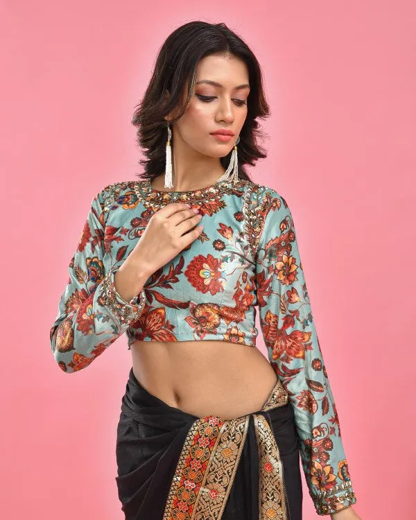 Sea Green Hand Embroidered Velvet Blouse