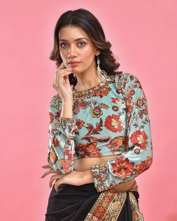 Sea Green Hand Embroidered Velvet Blouse