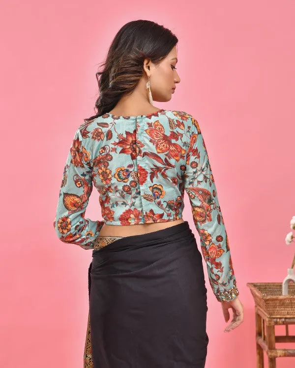 Sea Green Hand Embroidered Velvet Blouse