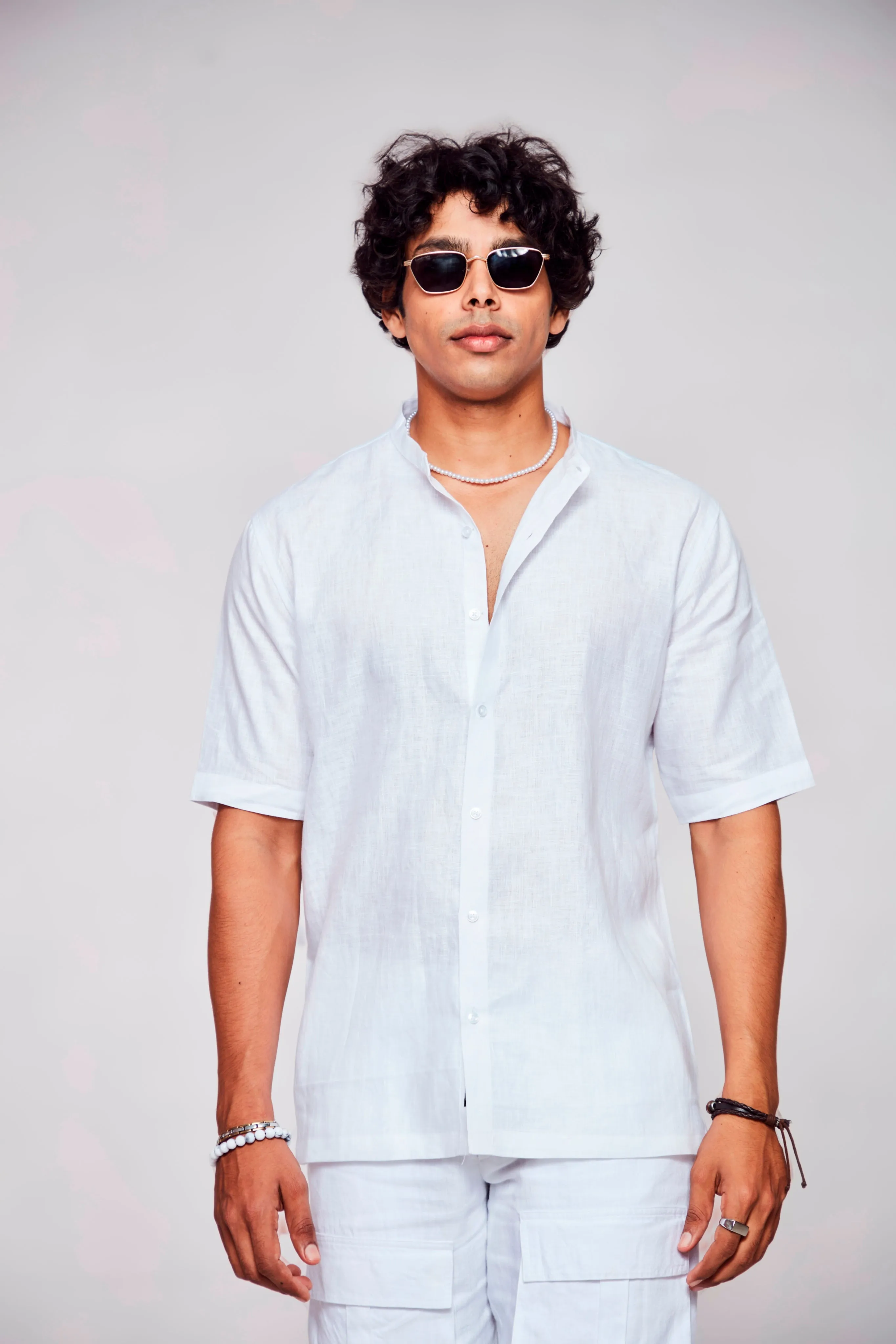 Tech Portrait Printed Pure Linen Short Sleeve Shirt