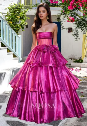 Tube Top Off-Shoulder Sleeveless Pleated Tiered Metallic Satin A-Line Prom Dress with Bow