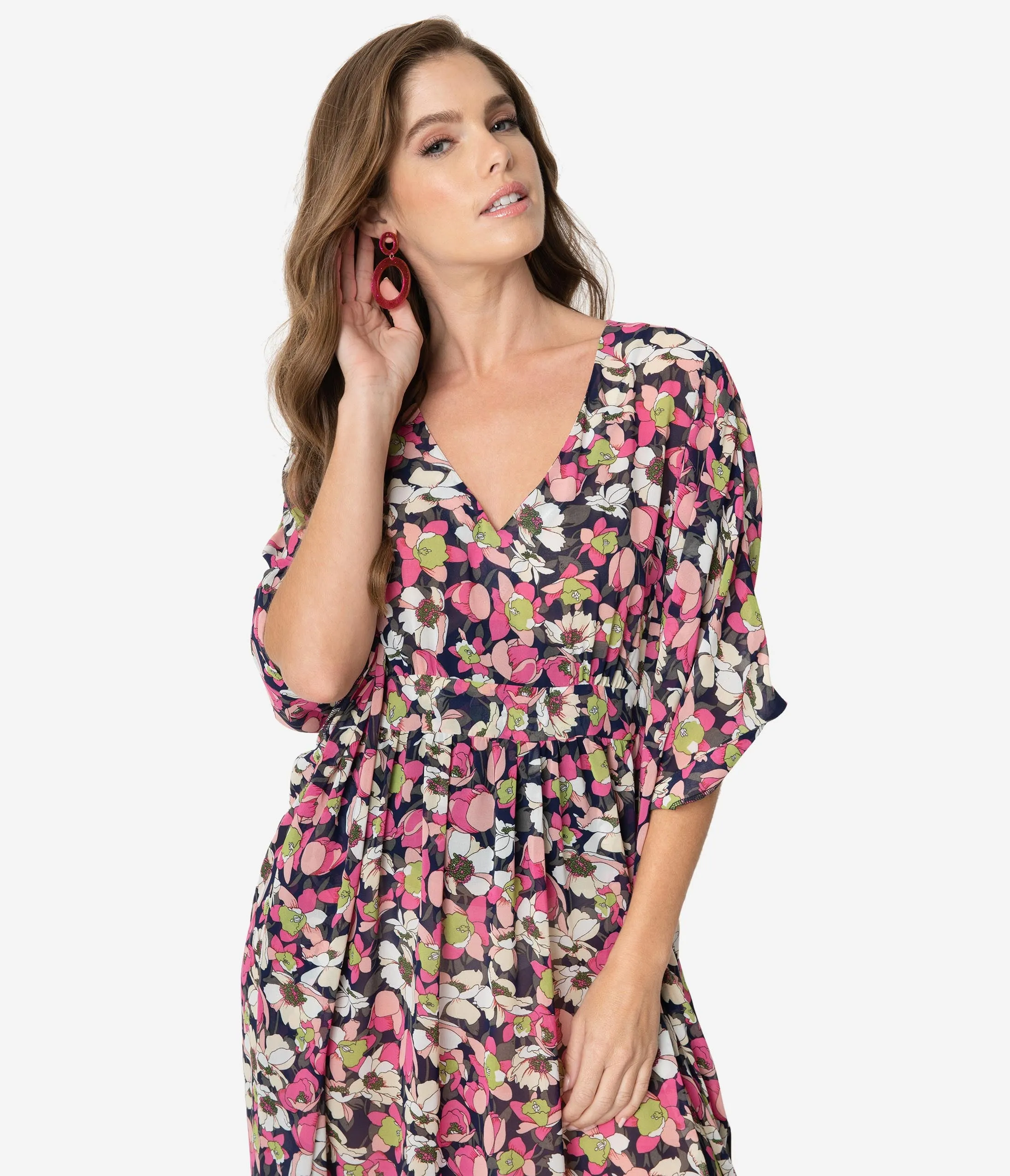 Unique Vintage 1970s Pink & Ivory Floral Chiffon Liz Caftan Dress