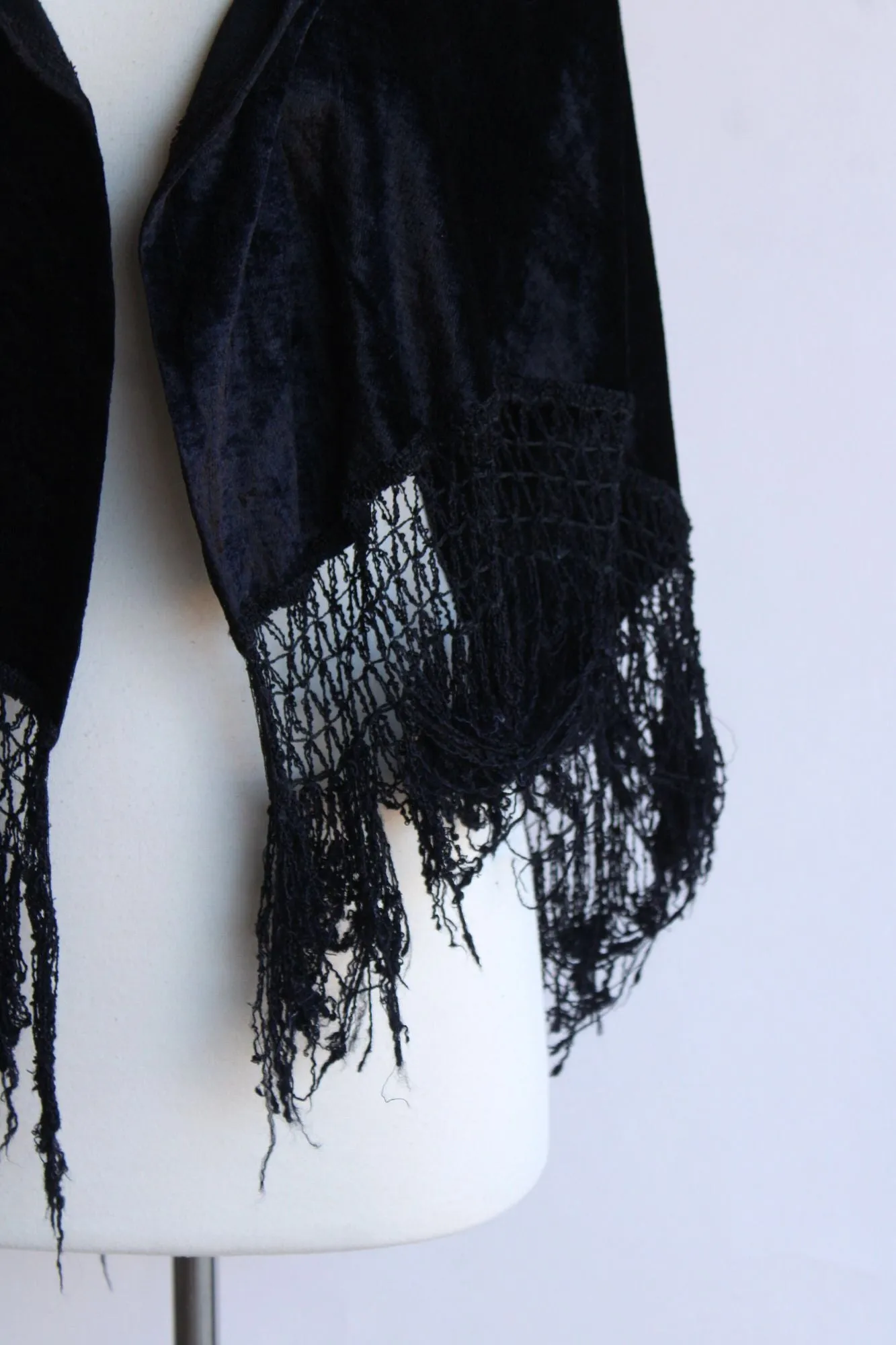 Vintage 1980s Black Velvet Shawl with Fringe Trim