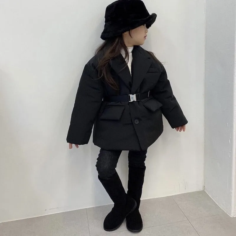 Winter Warm Thick Padded Cotton Girls Coats with Waist Belt